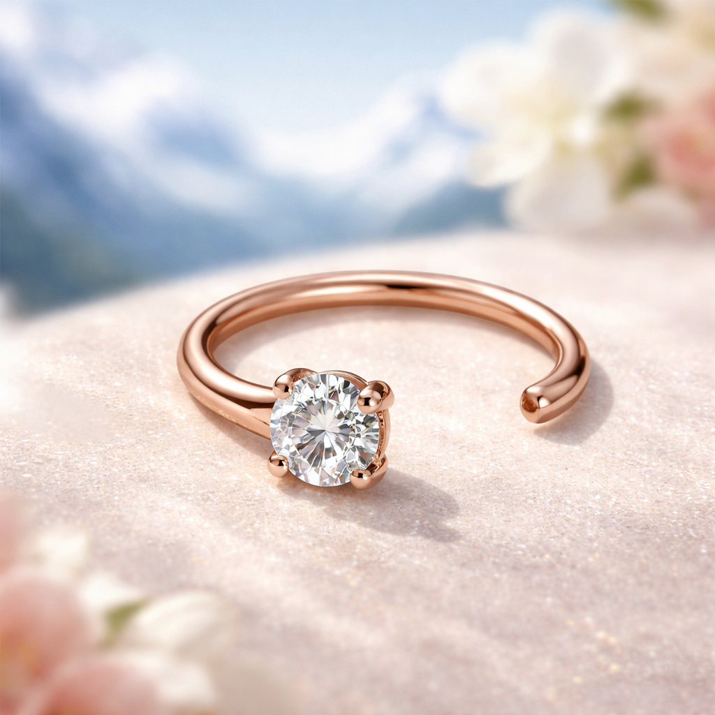 photorealistic close-up of a diamond nose ring in a rose-gold setting, catching light on a soft, blurred Swiss backdrop. Alt: Diamond nose ring in rose gold, close-up
