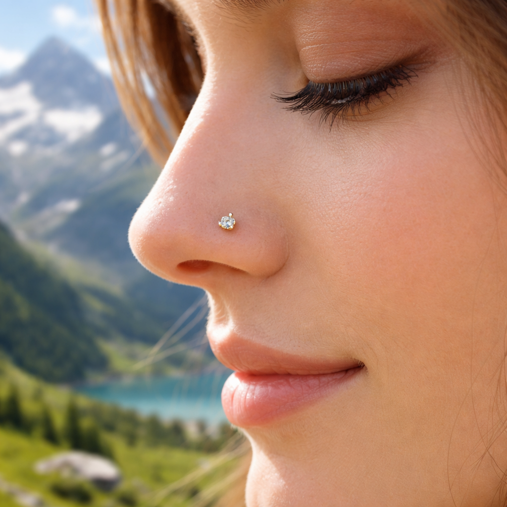 A photorealistic close‑up of a woman's profile wearing a delicate diamond nose ring, the stone catching soft daylight against a Swiss Alpine backdrop, highlighting the fine gold setting and sparkling diamond. Alt: Realistic image of a diamond nose ring being gently cleaned with a soft brush and warm soapy water.