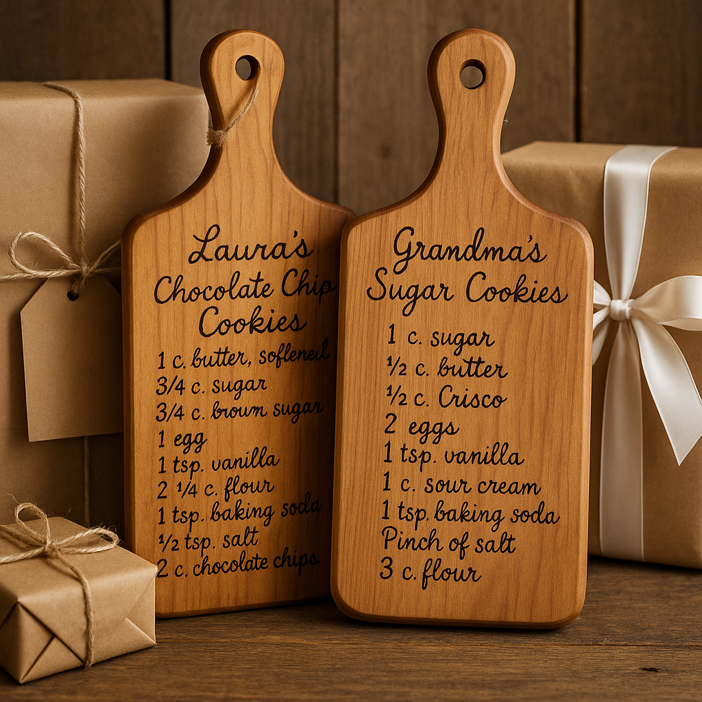 A display of personalized recipe cutting boards alongside coordinated gift packaging, showcasing warm wood textures and handwritten engravings. Alt: Unique personalized recipe cutting board gift ideas with custom engraving.