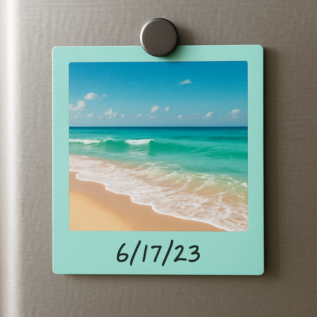 A close‑up of a 3x3 photo magnet on a refrigerator, showing a vibrant beach photo with a pastel teal border and a handwritten date at the bottom. Alt: Personalized 3x3 photo magnet design ideas with color border and text