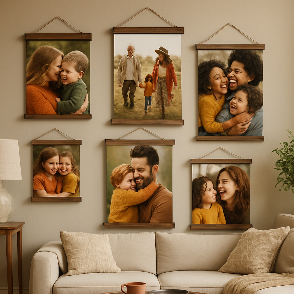 A cozy living room wall displaying a series of custom photo hanging canvas gifts in various sizes and shapes, highlighting candid family moments and vibrant colors. Alt: Custom photo hanging canvas gift showcasing warm, candid family photos on canvas art.