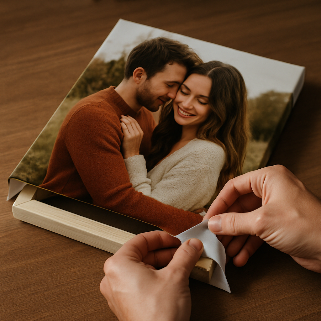A high-quality photo being printed on canvas and stretched on wooden bars, showing hands carefully handling the print. Alt: Custom photo hanging canvas gift printing and stretching process.