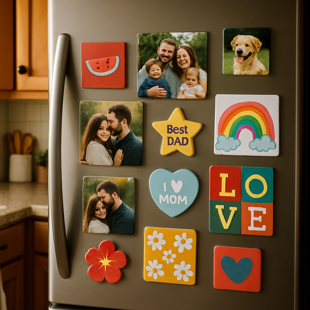 A cozy kitchen refrigerator door adorned with a diverse collection of personalised fridge magnets, including family photos, creative shapes, and colorful designs. Alt: Personalised fridge magnets showing photos and artwork decorating a kitchen fridge door