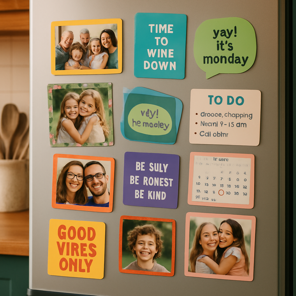 A cozy kitchen fridge door covered in colourful personalised fridge magnets showcasing family photos, funny quotes, and calendar reminders. Alt: A colourful array of personalised fridge magnets displaying photos, quotes, and organizational notes on a kitchen fridge.
