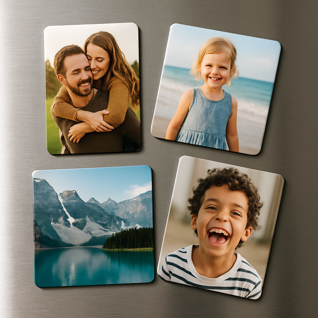 Close-up of high-quality photo fridge magnets with glossy and metallic finishes on a kitchen fridge. Alt: Durable photo fridge magnets made with premium photographic paper and strong magnetic backing.