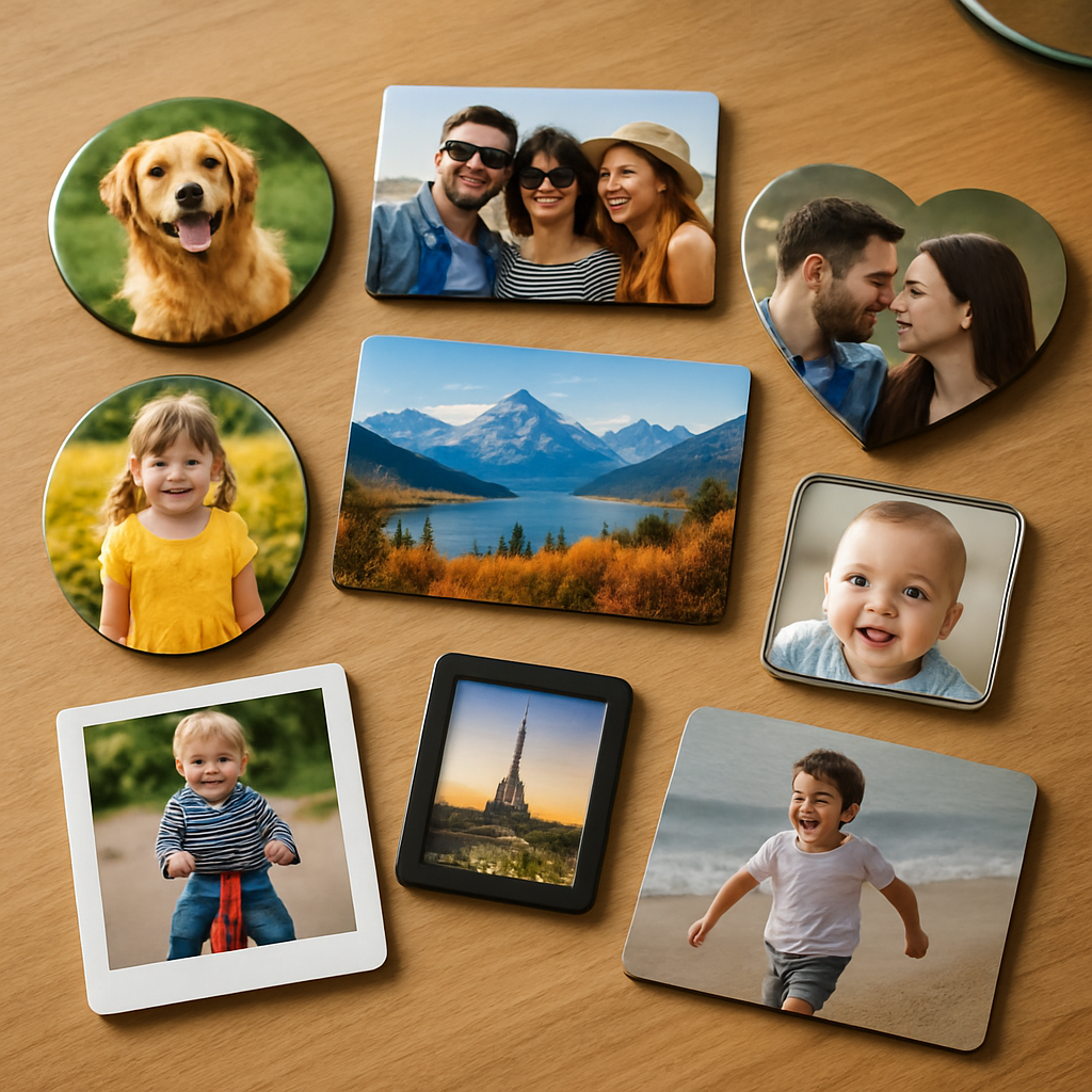 A selection of photo fridge magnets in different shapes, styles, and finishes laid out on a kitchen table. Alt: Diverse photo fridge magnets showcasing various shapes, colors, and finishes.