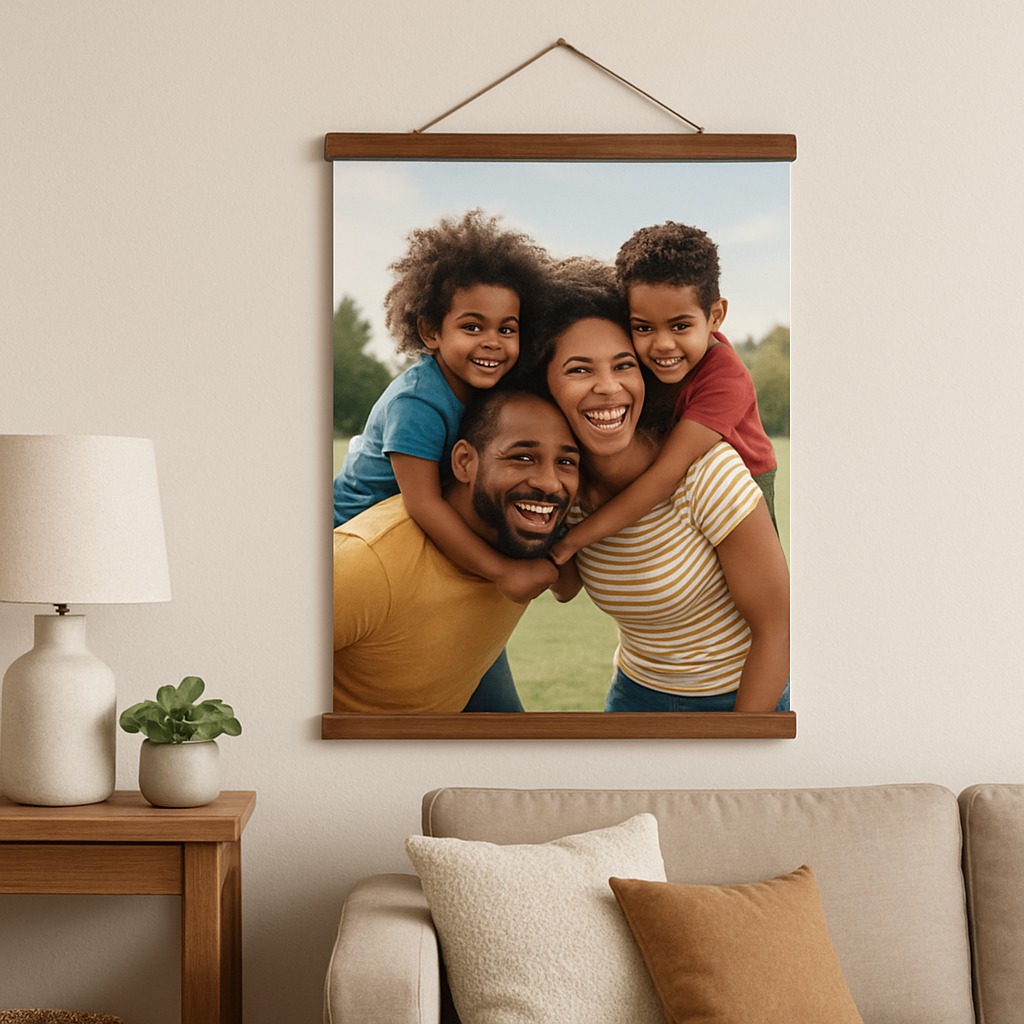 A cozy living room wall showcasing a beautifully framed custom photo hanging canvas gift featuring a vibrant family moment. Alt: Custom photo hanging canvas gift displayed on a living room wall highlighting a joyful family memory.