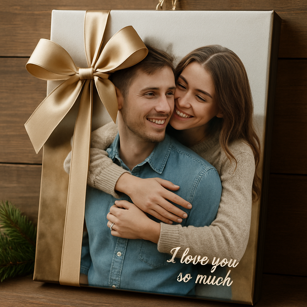 A beautifully wrapped custom photo hanging canvas gift showing a gallery wrap design with a subtle personal message inscribed in elegant font on the lower right corner. Alt: Custom photo hanging canvas gift personalized with stylish finishing touches including framing and inscription.