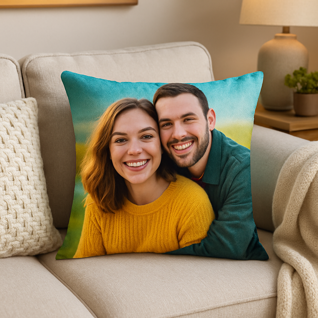 A cozy living room scene showing a vibrant personalized photo pillow cover on a couch, highlighting the fabric texture and vivid print. Alt: Personalized photo pillow cover gift vibrant and well cared-for on cozy couch.