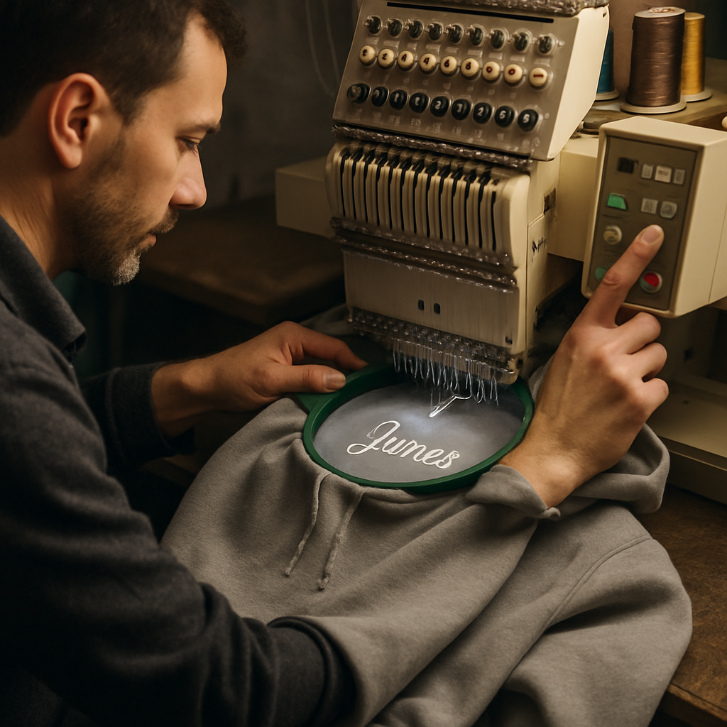 An artisan carefully operating an embroidery machine stitching a personalized design on a hoodie. Alt: Crafting a personalized embroidered hoodie with precision threadwork