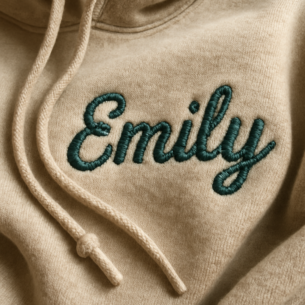 Close-up of a cozy personalized embroidered hoodie with intricate stitching showing the texture and detail. Alt: Personalized embroidered hoodie showing detailed threadwork and soft fabric texture.