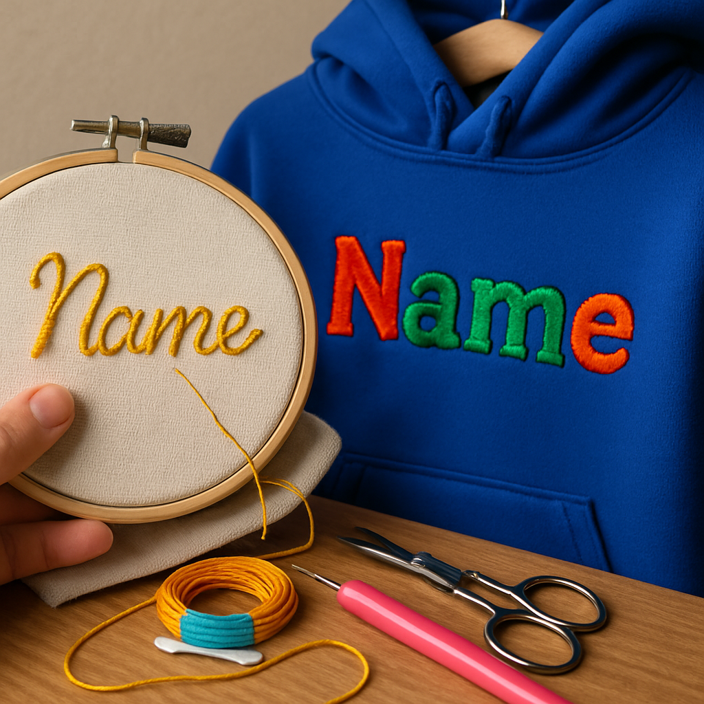 A creative close-up photo of a hands-on embroidery project next to a sharp, vibrant embroidered hoodie hanging on a rack. Alt: Detailed embroidery stitching on personalized embroidered hoodie next to DIY stitching tools.