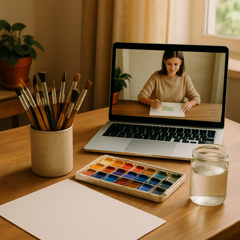 A cozy home art studio setup with brushes, watercolor palette, and a laptop displaying an online watercolor class. Alt: Selecting the right online watercolor classes for beginners helps create a personal art studio experience.