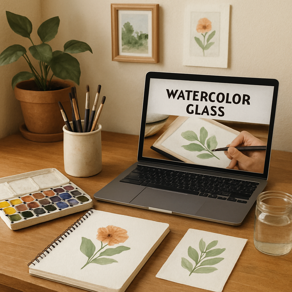 A cozy artist’s desk setup for an online watercolor class, with watercolor paints, brushes, small finished paintings, and a laptop showing a watercolor tutorial. Alt: Online watercolor classes for beginners with a welcoming home studio environment.