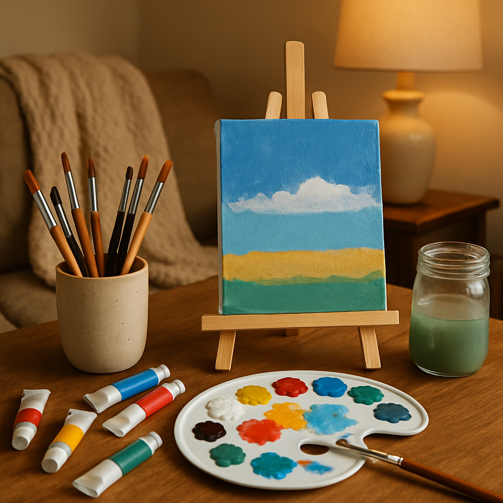 A cozy art workspace with acrylic paints, brushes, and a beginner’s canvas in progress. Alt: Online acrylic painting classes for beginners teaching basic techniques with cozy at-home art setup.