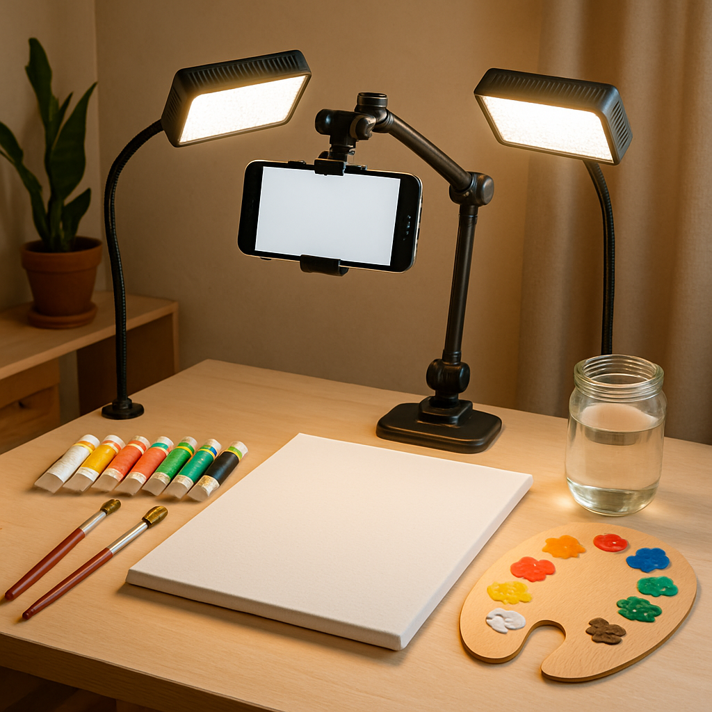A cozy and well-lit art workspace setup featuring a clear overhead smartphone camera mount, adjustable LED lights illuminating a canvas with acrylic paints and brushes neatly arranged around. Alt: Optimal tech setup for online acrylic painting classes for beginners with good lighting and camera positioning.