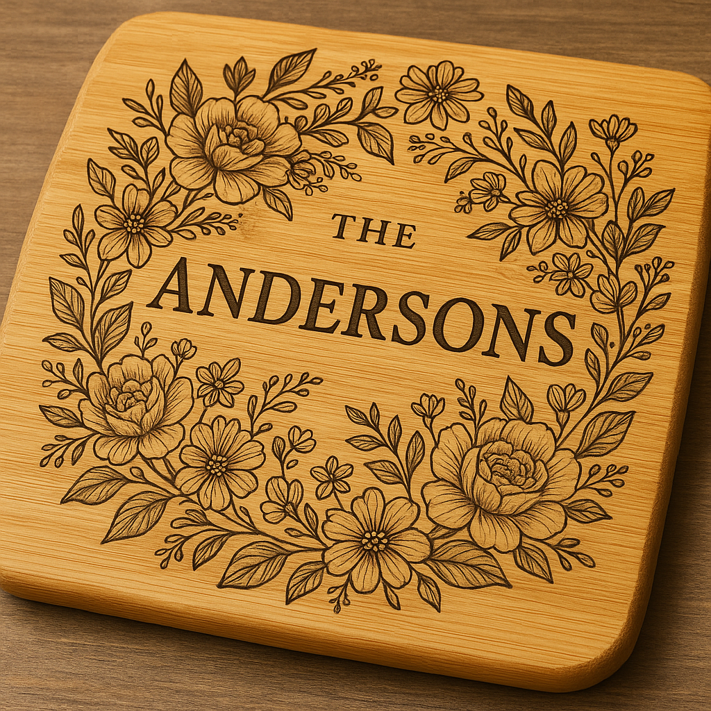 Close-up of a beautifully engraved custom bamboo cutting board featuring a family name and floral design. Alt: Custom engraved bamboo cutting board gift with family name and intricate design.