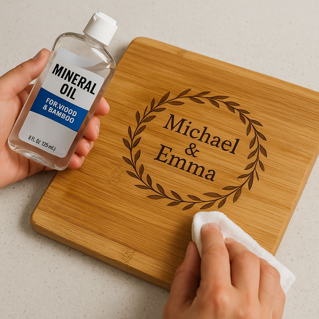Hands applying mineral oil to a custom engraved bamboo cutting board, showing step-by-step care. Alt: Caring for a custom engraved bamboo cutting board gift by applying mineral oil.