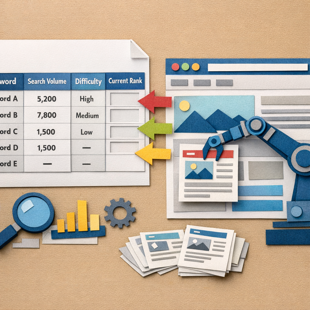 A Papercraft illustration of a spreadsheet filled with keyword data, arrows pointing to empty slots representing content gaps, and a robotic arm placing paper pages onto a website layout, emphasizing the transformation of data into SEO‑optimized web pages. Alt: programmatic SEO tool keyword gap visualization in papercraft style