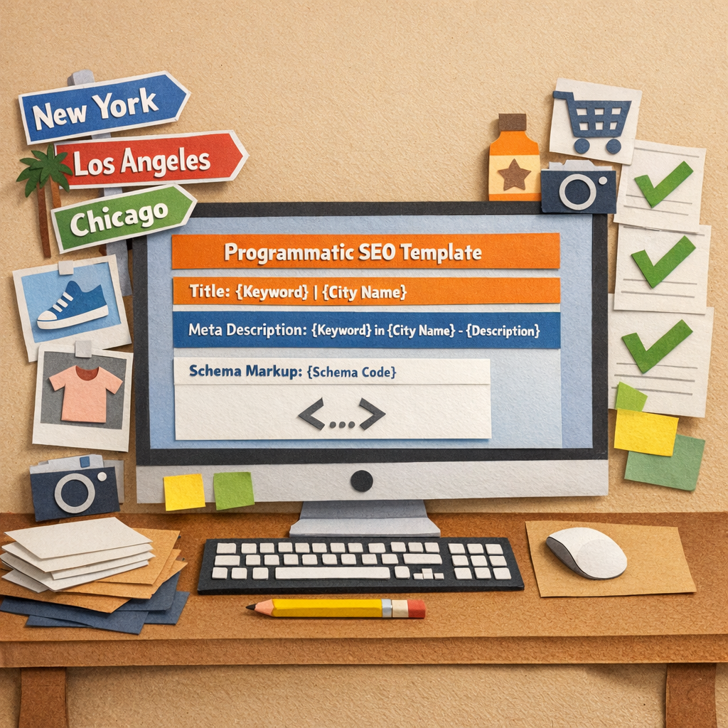 A Papercraft illustration of a computer screen displaying a programmatic SEO template with placeholders for title, meta description, and schema, surrounded by paper cut‑out icons representing city names, product images, and checkmarks, conveying the idea of scaling on‑page optimization at a desk.