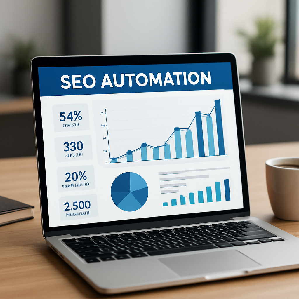A modern office desk with a laptop displaying an SEO automation dashboard, charts rising, coffee cup nearby. Alt: seo automation platform goal setting visual