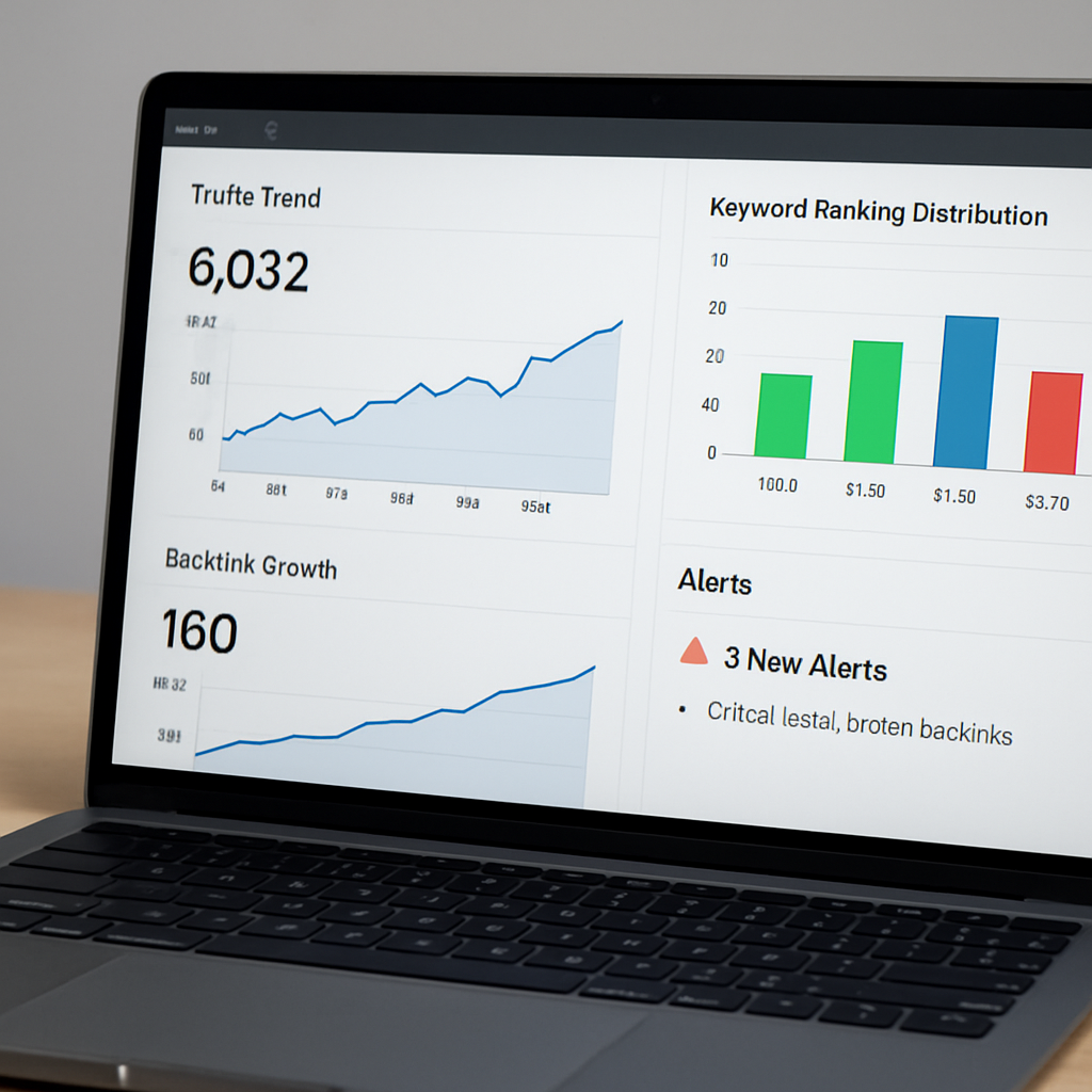 A modern dashboard on a laptop screen showing SEO metrics – traffic trend line, keyword ranking distribution, backlink growth chart, and alert notifications. Alt: SEO automation platform reporting dashboard with real‑time performance visuals.