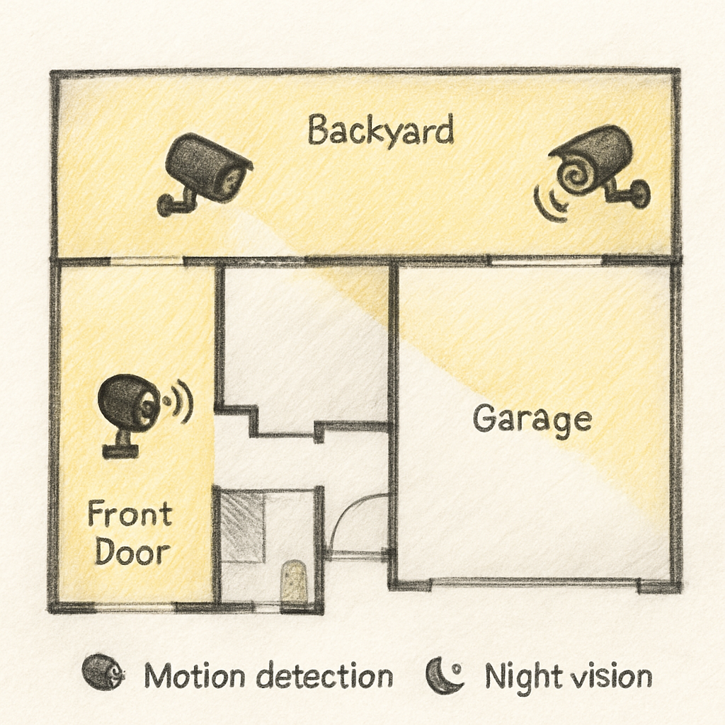 A hand‑drawn floor plan with highlighted security camera zones, showing a front door, garage, and backyard, with icons indicating motion detection and night‑vision. Alt: Identify surveillance needs for security cameras without wifi.
