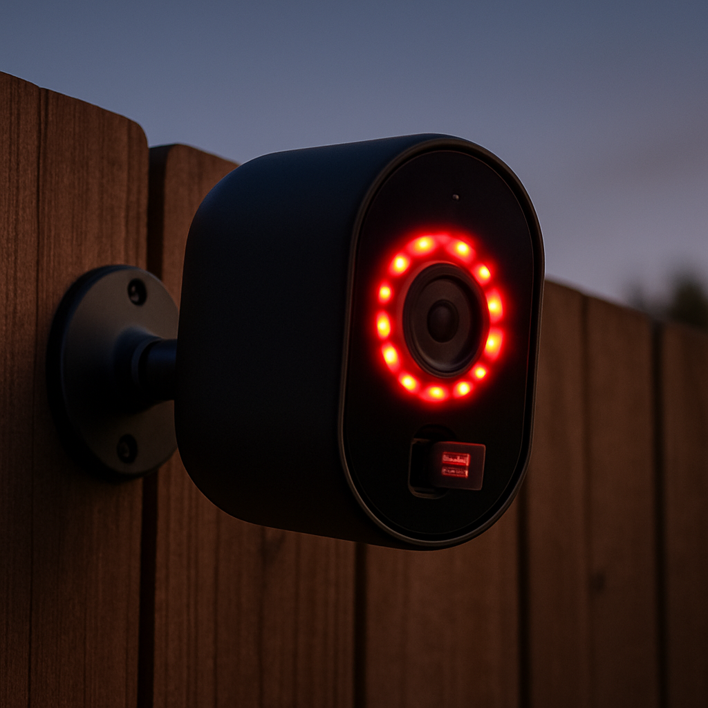 A sleek battery‑powered security camera mounted on a wooden fence at dusk, showing its infrared night‑vision glow and a micro‑SD card slot visible. Alt: security cameras without wifi storage method illustration.