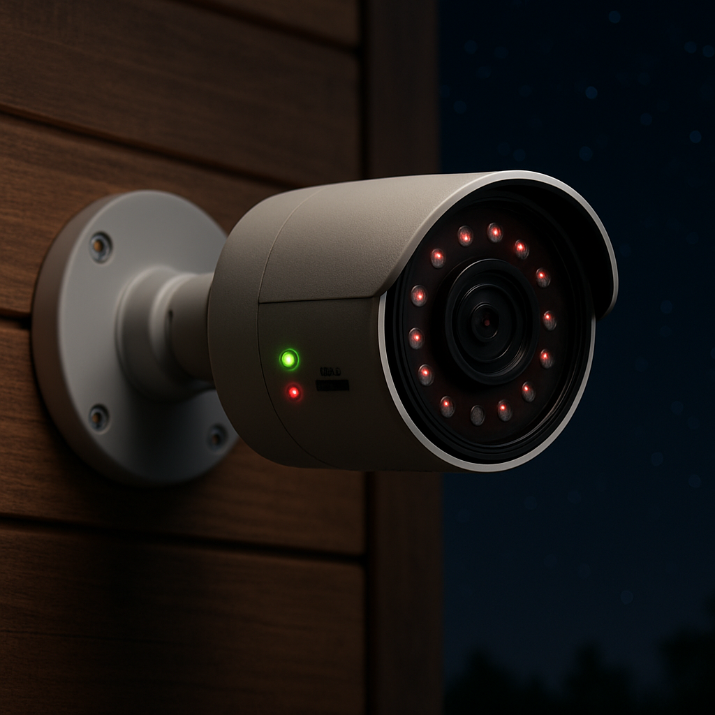A close‑up of a security camera mounted on a wooden wall, showing the LED status lights, a micro‑SD card slot, and a clear view of the night‑sky with infrared glow. Alt: Testing and maintaining security cameras without wifi for reliable performance.