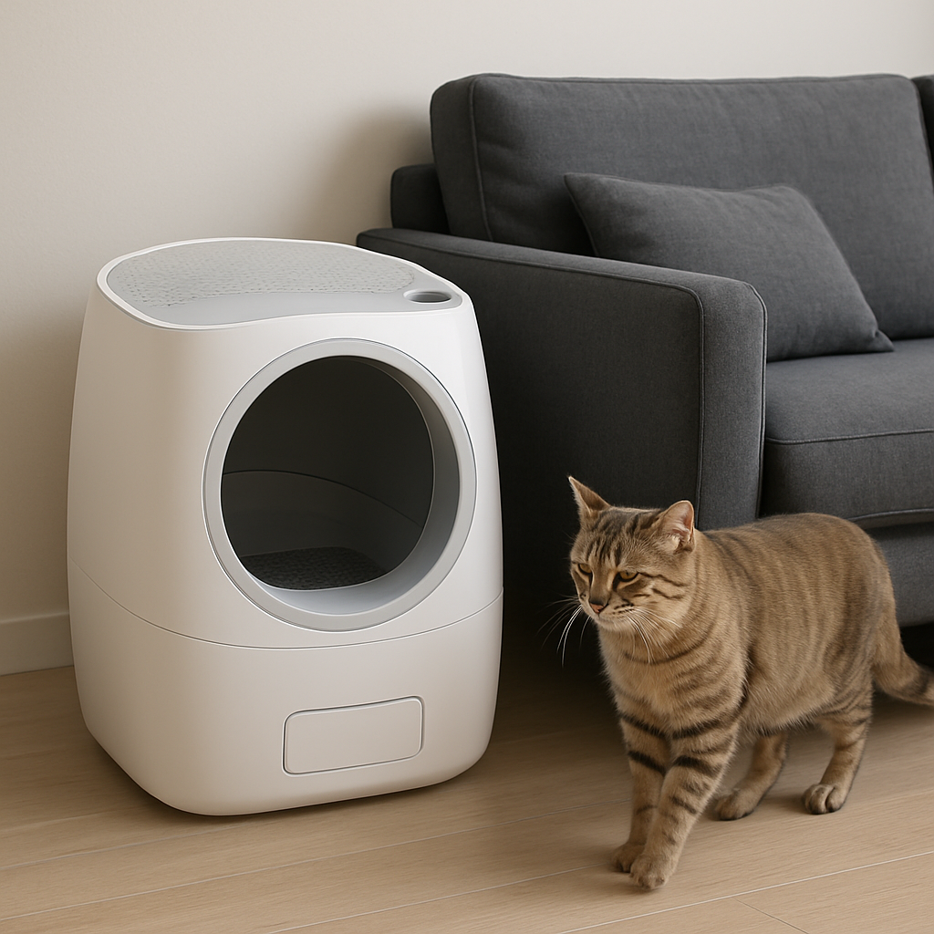 A modern cat litter box self cleaning model placed beside a sleek sofa, with a content cat walking past. Alt: cat litter box self cleaning sleek design for modern homes