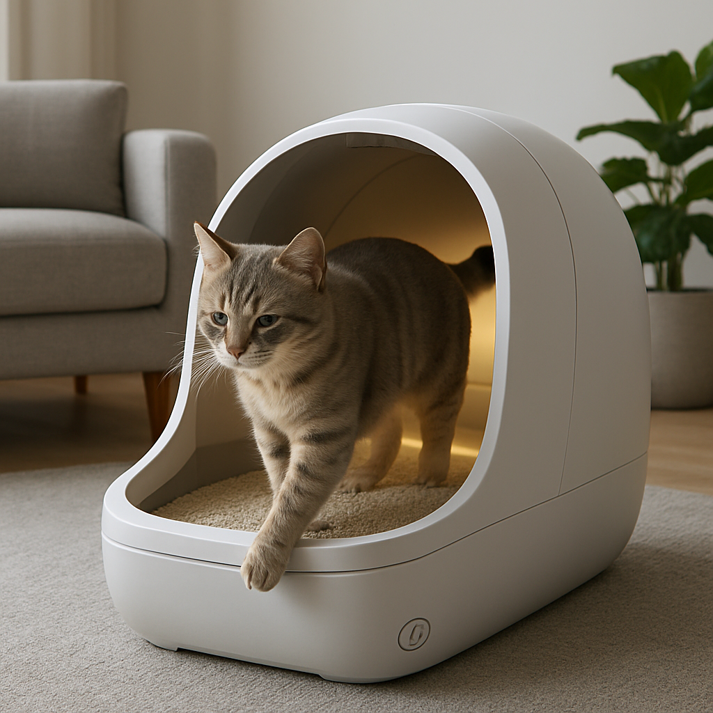 A sleek cat litter box self cleaning unit in a modern living room, with a cat stepping in and a faint glow indicating the cleaning cycle. Alt: cat litter box self cleaning system with happy cat and low‑odor environment.