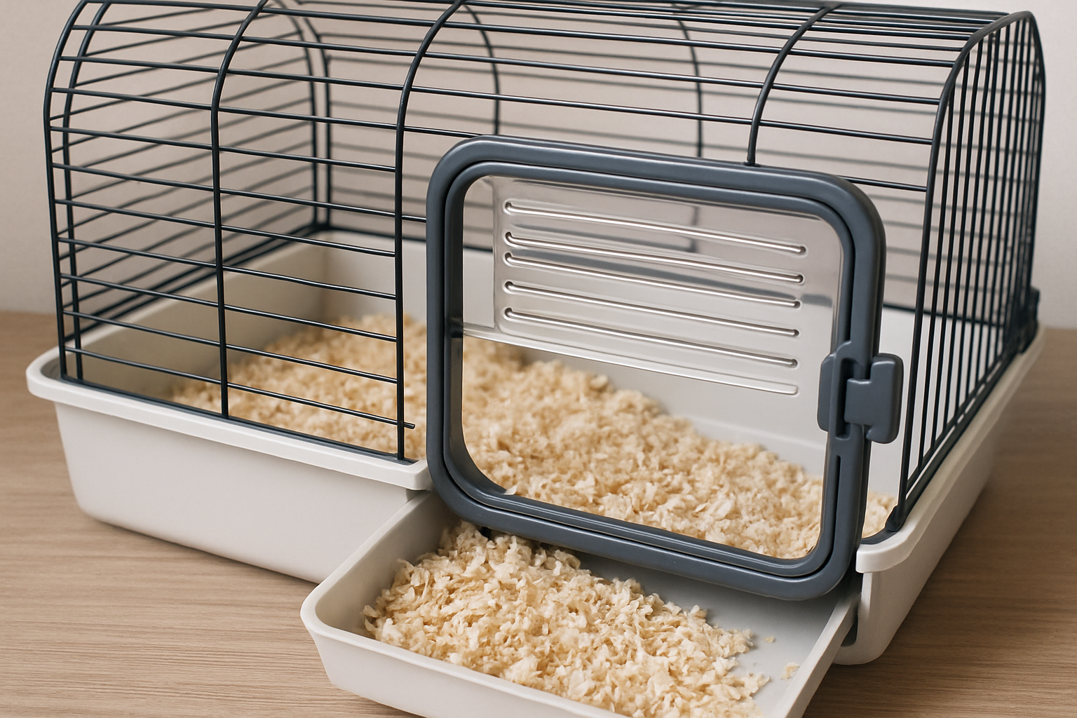 Close-up view of a well-designed small animal cage with ventilation and removable bedding. Alt: Ventilated small animal cage with easy cleaning design.