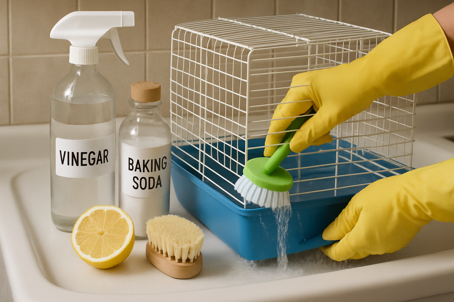 Cleaning supplies and small animal cage being washed thoroughly. Alt: Cleaning a small animal cage with natural cleaners for pet safety.