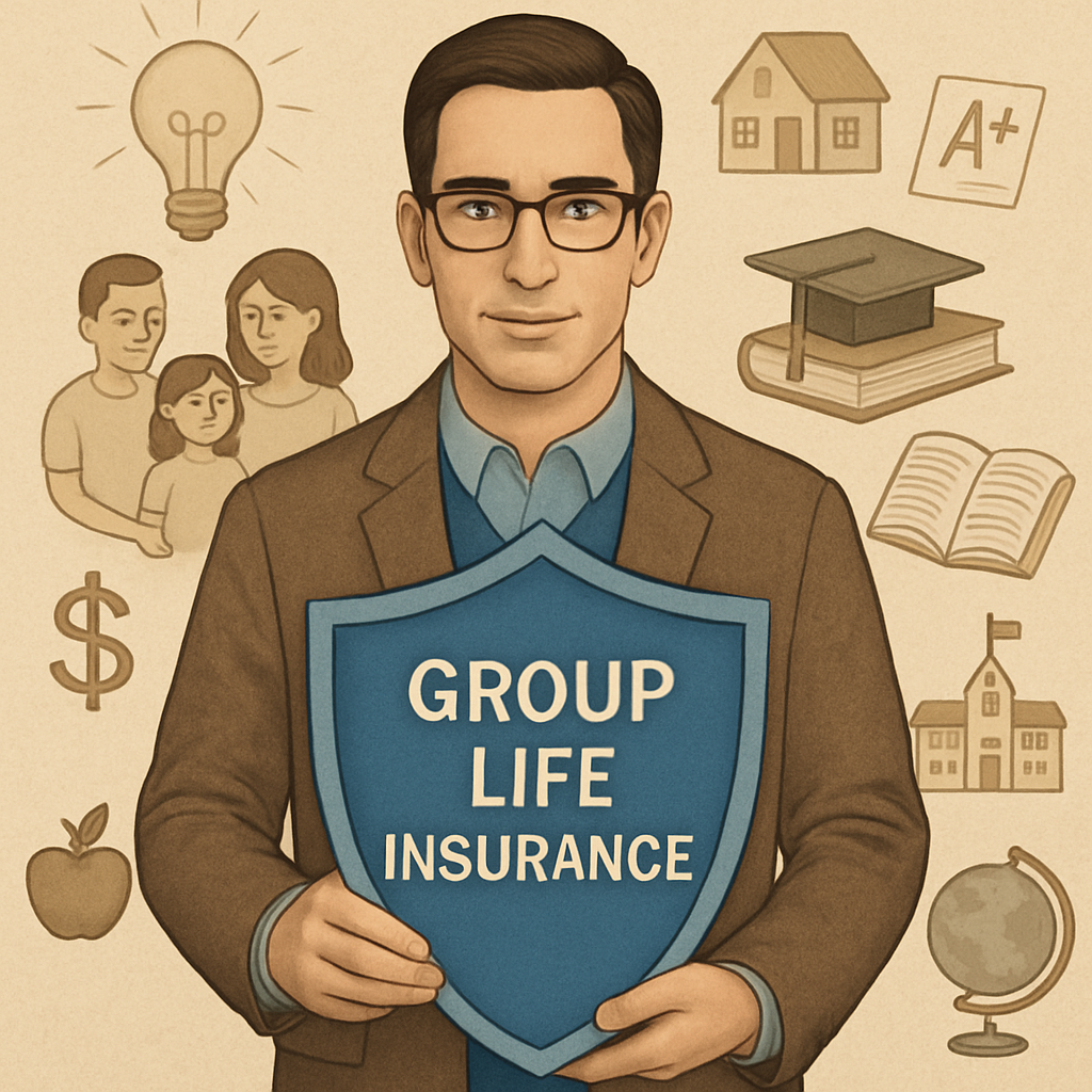 An illustration showing a teacher surrounded by family and school-related symbols, holding a protective shield labeled 'Group Life Insurance'. Alt: Group life insurance plans for teachers protecting family and work life.