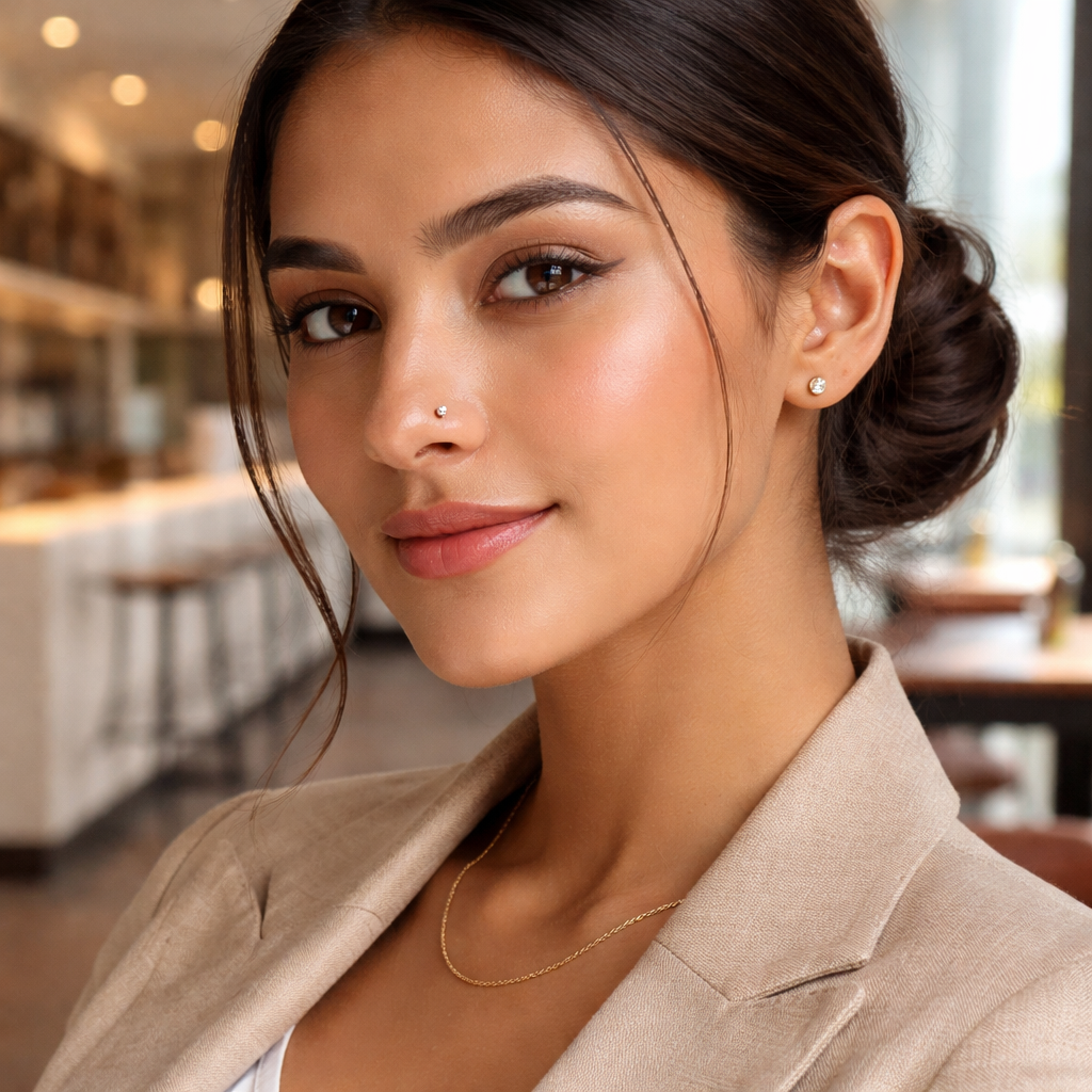 A photorealistic close‑up of a woman's face wearing a diamond nose pin, hair pulled back in a low bun, natural daylight highlighting the sparkle, background shows a sleek Zurich café interior, appealing to women who enjoy elegant everyday luxury. Alt: diamond nose pin styled with subtle outfit details.