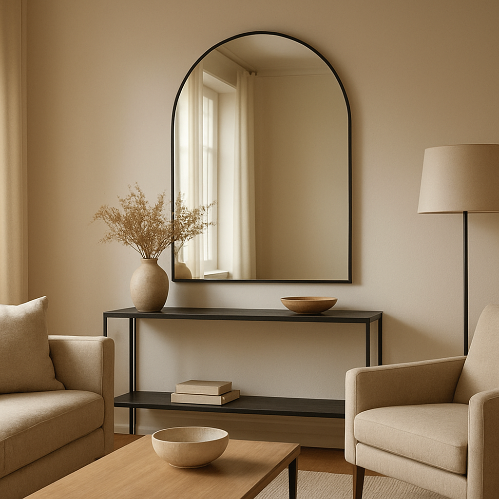 A tastefully staged living room with a large arched wall mirror above a sleek console table, showcasing a balanced proportion and soft natural light reflecting off the glass. Alt: large arched wall mirror styled in a modern living room.