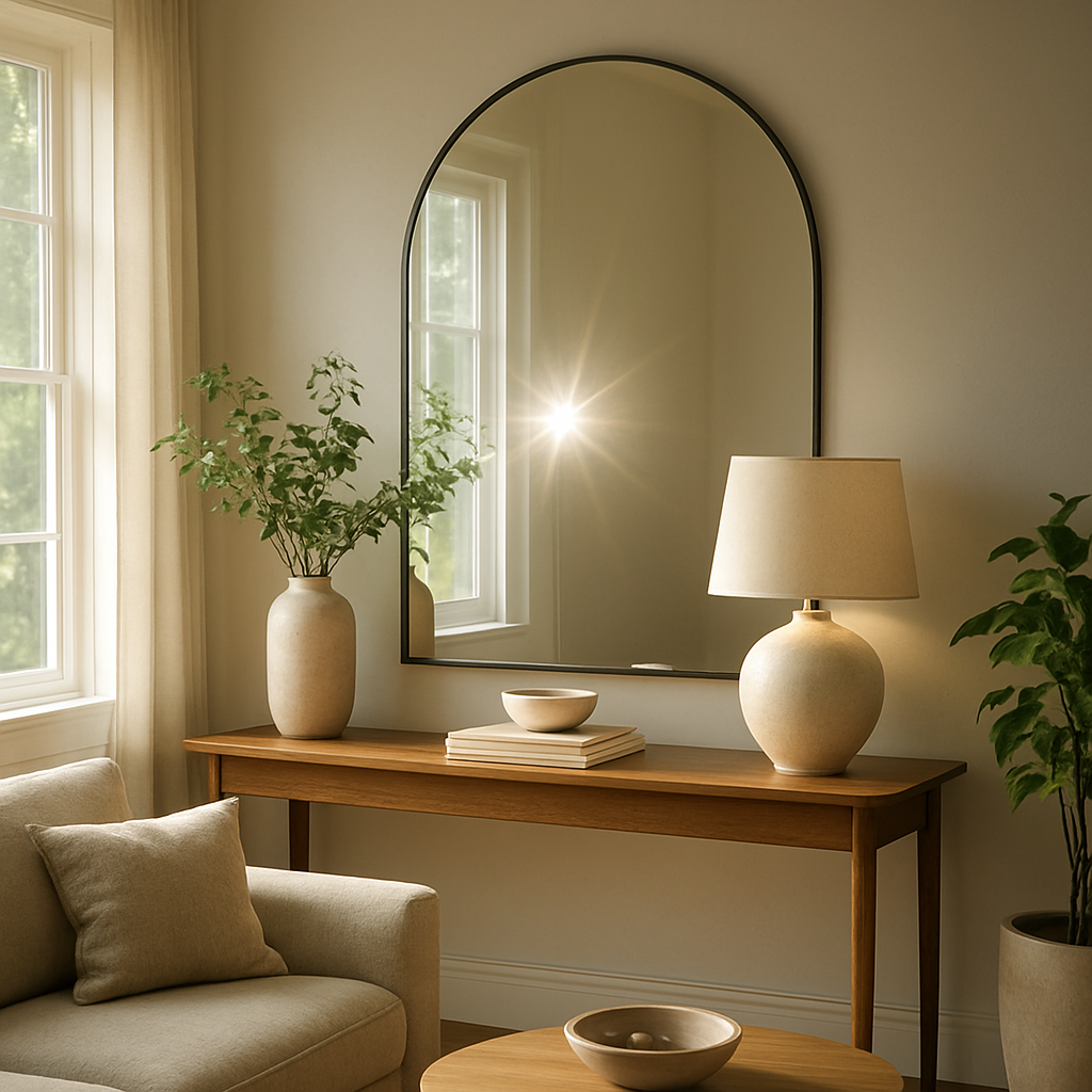 A bright living room with a large arched wall mirror above a console table, sunlight reflecting off the glass, showcasing a spotless, gleaming surface. Alt: Large arched wall mirror maintenance and care tips for lasting shine.