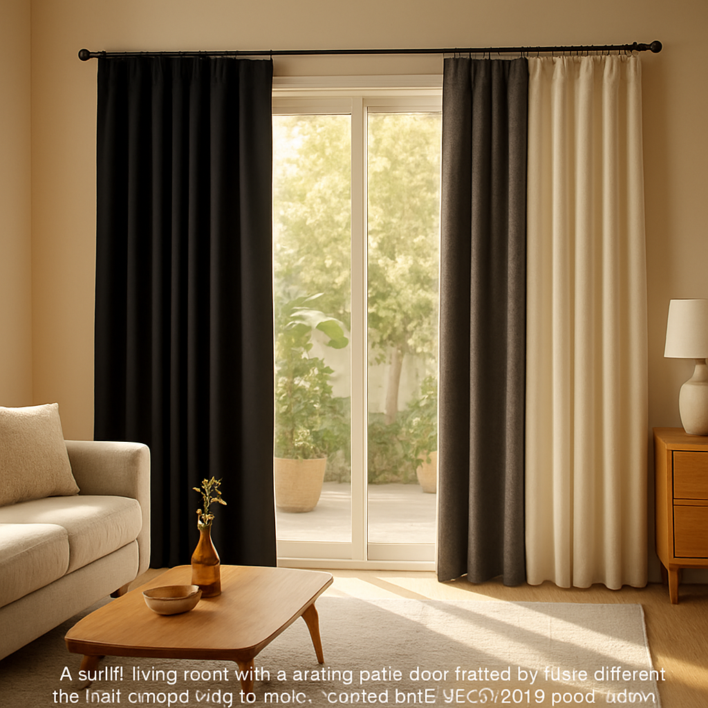 A sunlit living room with a sliding patio door framed by three different thermal curtains side by side – a sleek black NICETOWN panel, a rich charcoal velvet custom panel, and a simple budget polyester panel. Alt: Comparison of thermal curtain options for patio doors