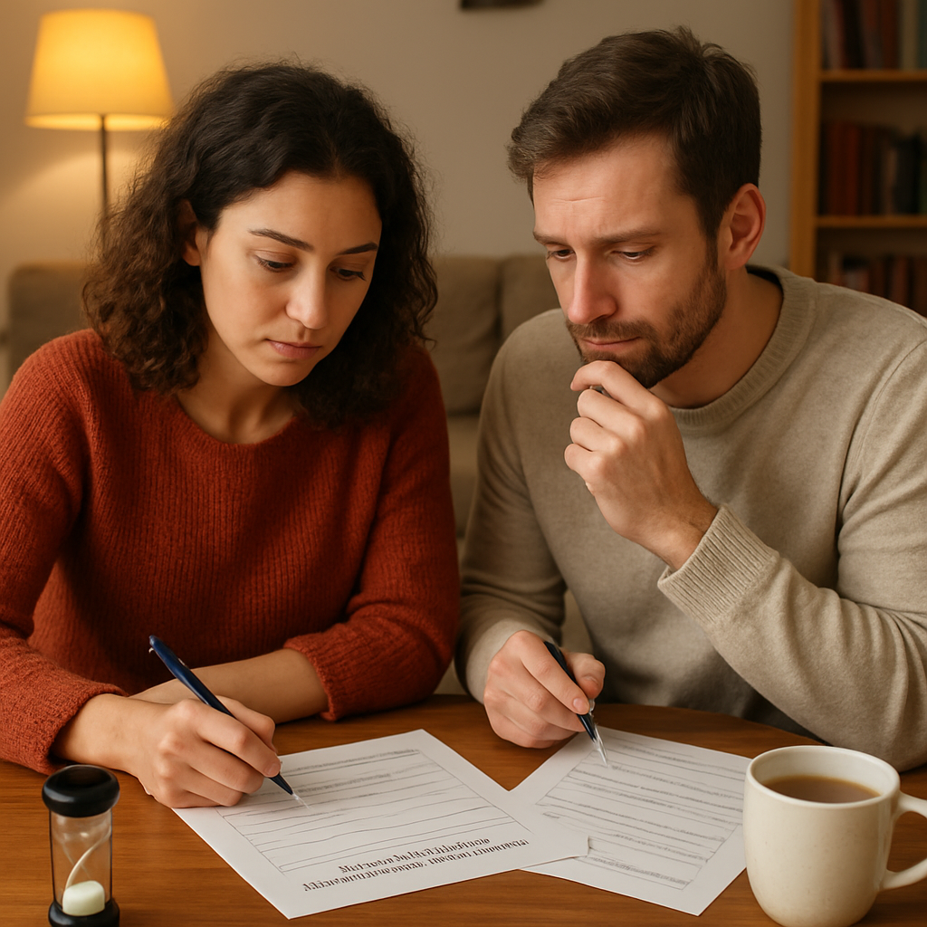 A warm living‑room scene where a couple sits at a small table with notebooks, a timer, and a cup of tea, looking engaged and reflective. Alt: couples assessing communication style together with worksheet
