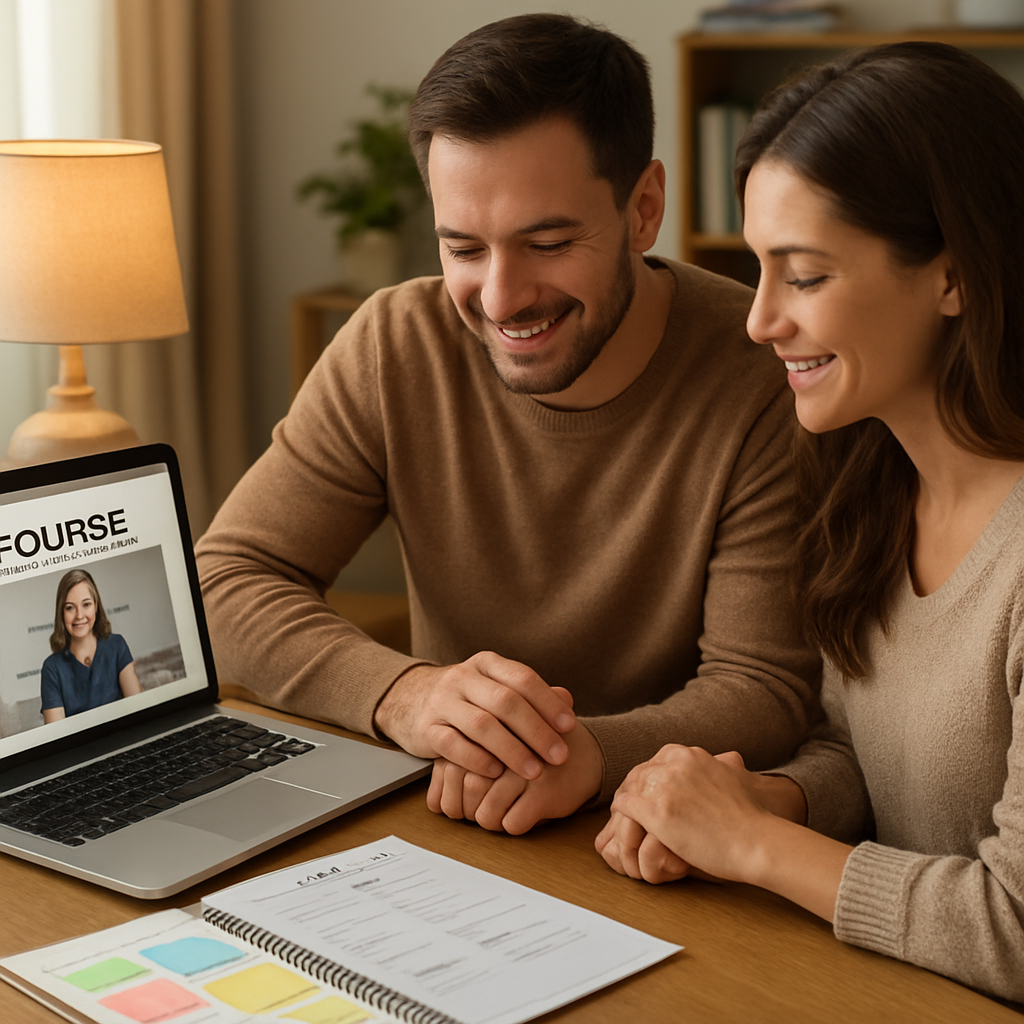 A cozy home office with a laptop open to a course video, a planner with colored sticky notes, and a couple holding hands while reviewing a worksheet. Alt: couples setting goals and schedule for an online communication course