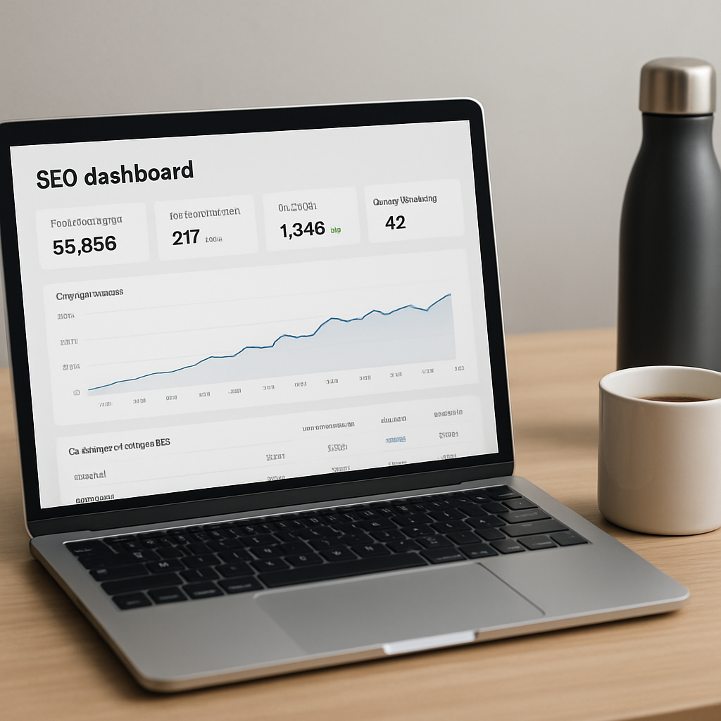 A modern home office desk with a laptop open to a SEO dashboard, a coffee mug, and a sleek custom drink bottle beside it. Alt: “Define link‑building goals with a backlink builder tool”