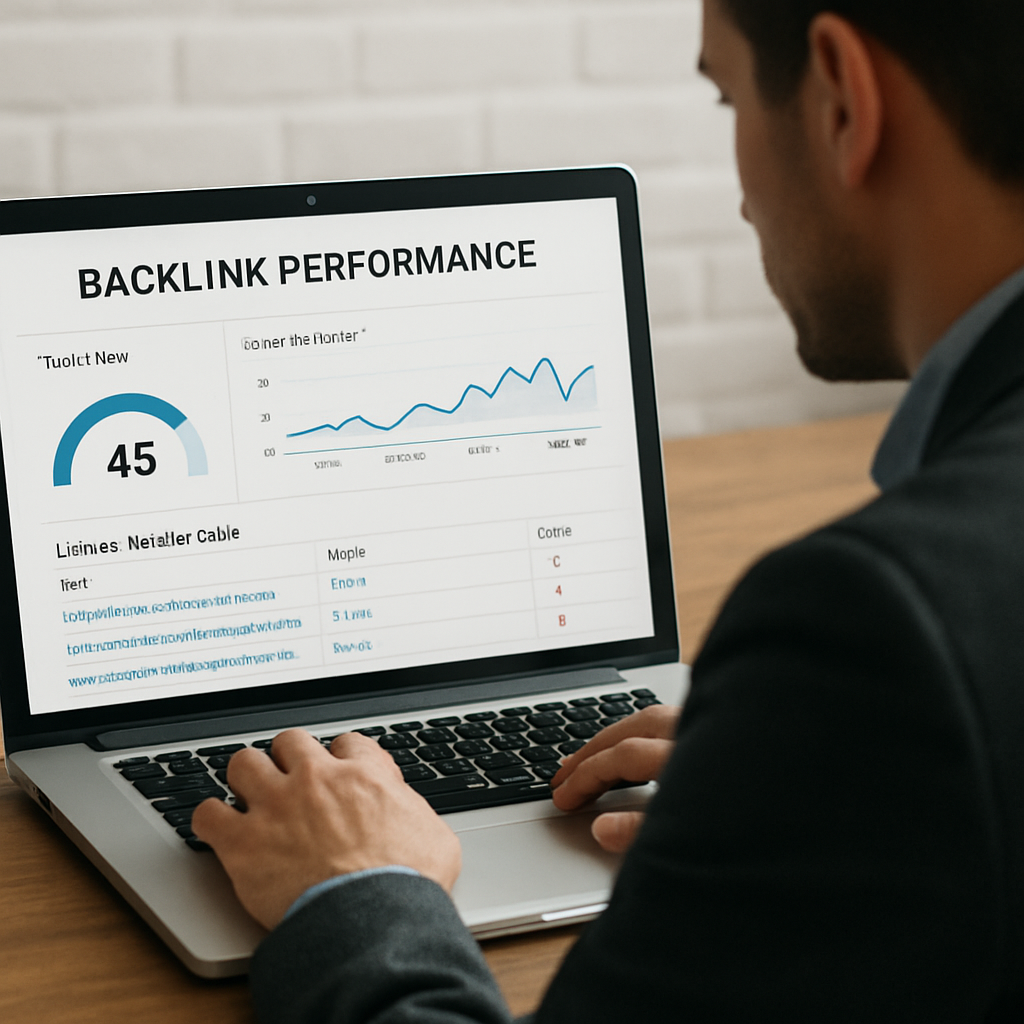 A marketer reviewing a backlink performance dashboard on a laptop, with charts showing Trust Flow, referral traffic, and a list of live vs. broken links. Alt: Monitor backlink performance metrics and refine SEO strategy.
