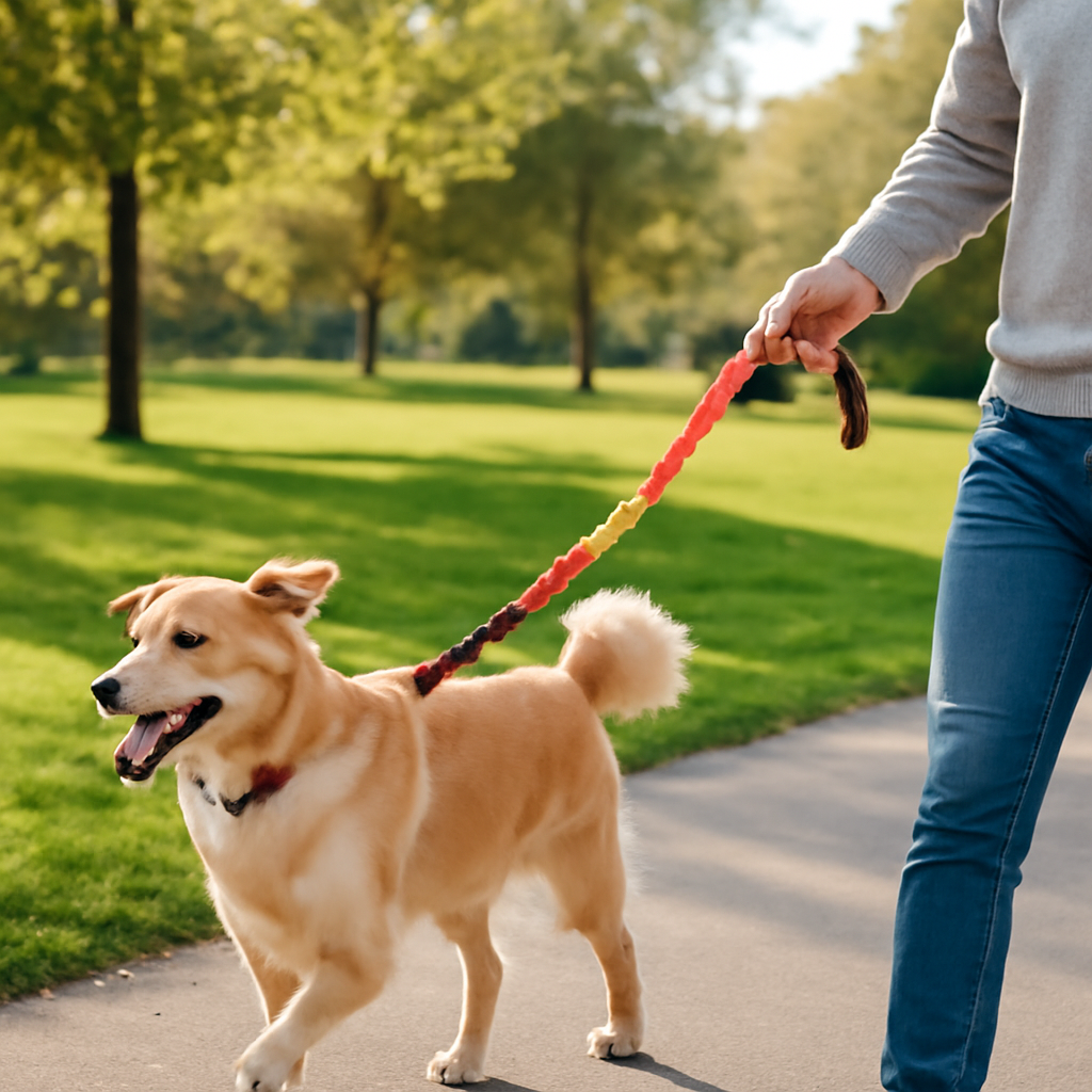 A sunny park scene with a dog owner holding a bright coloured bungee dog leash, the elastic core subtly visible as it stretches during a playful tug. Alt: bungee dog leash in action on a park walk
