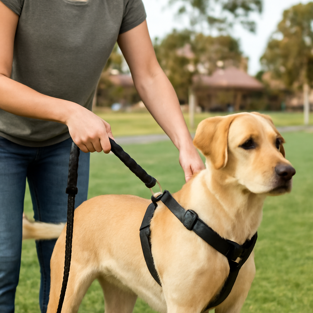 A dog owner in a suburban Australian park clipping a bungee dog leash to a front‑clip harness on a medium‑size Labrador. Alt: bungee dog leash attached correctly to harness showing straight line tension.