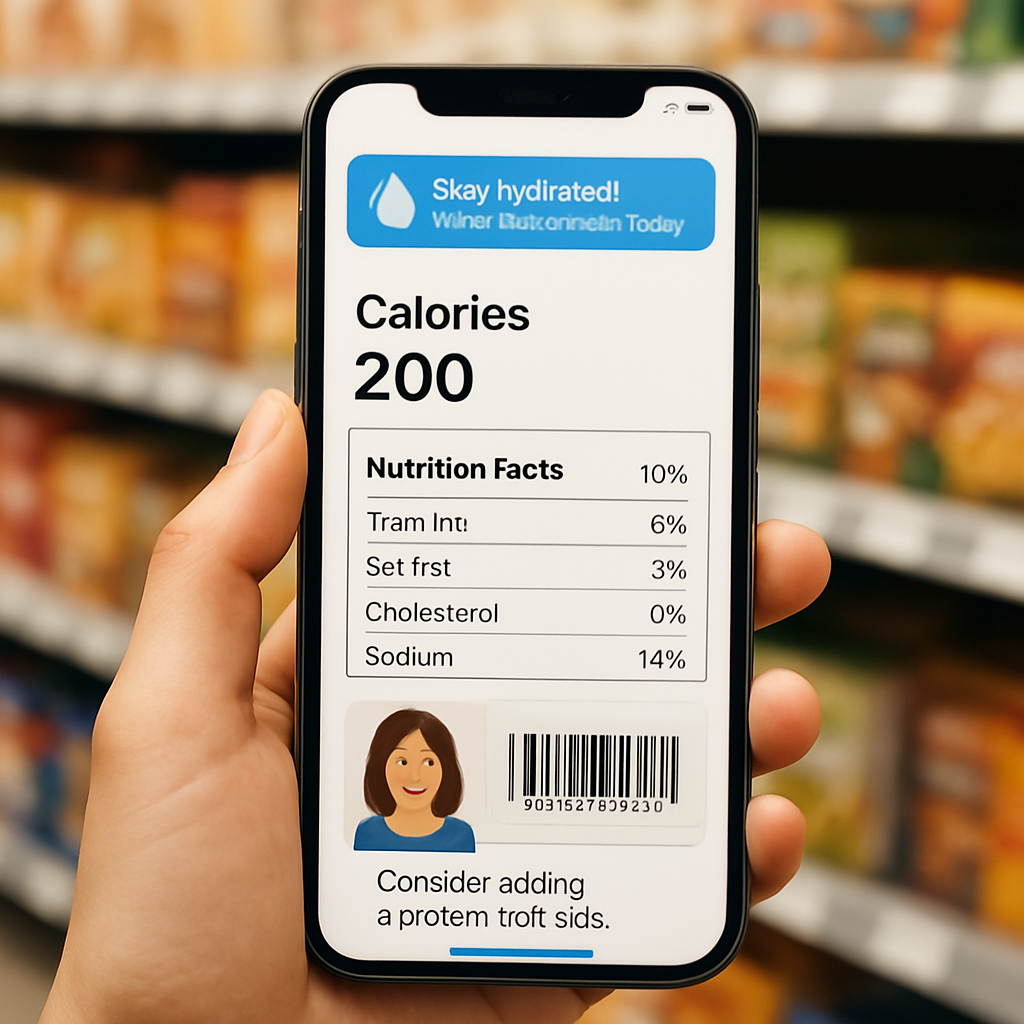 A smartphone held over a grocery shelf, scanning a barcode, with nutrition facts floating on the screen. Alt: calorie counter app with barcode scanner showing instant nutrition data and water reminder.