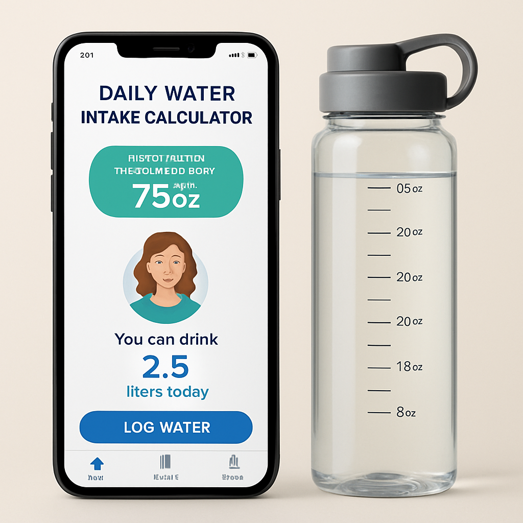A realistic illustration of a smartphone screen showing a daily water intake calculator app with personalized hydration goals, next to a water bottle with measurement markings. Alt: daily water intake calculator app personalized hydration target display