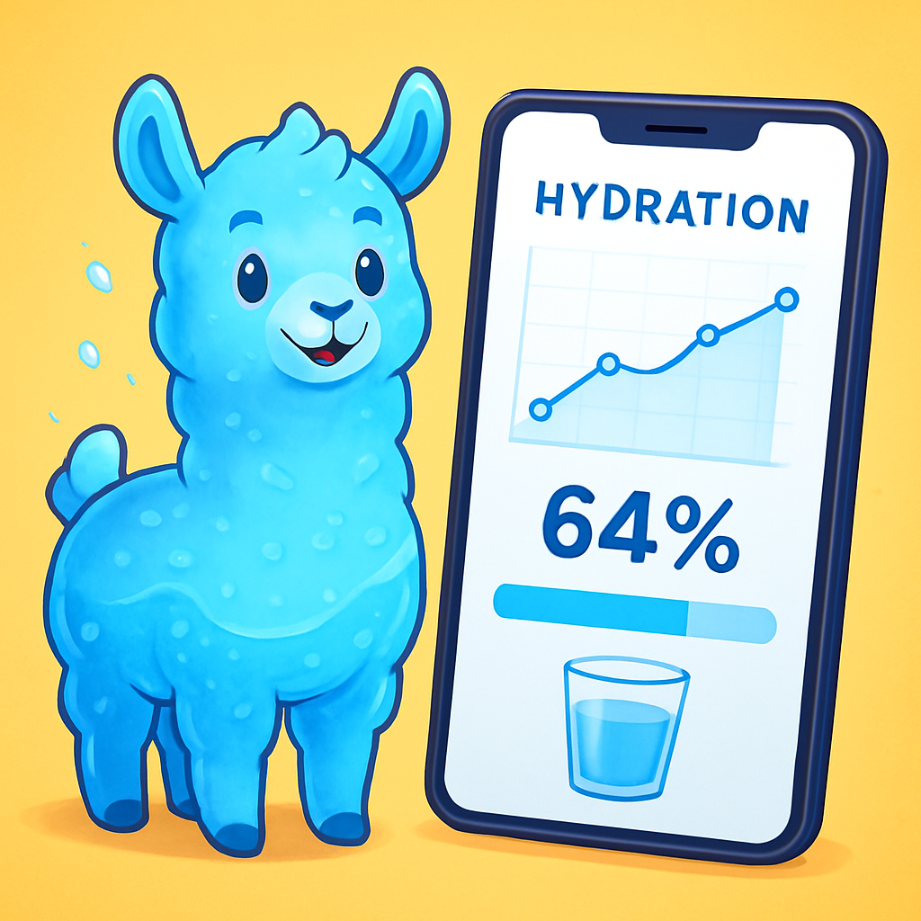 A friendly cartoon avatar of a water‑filled llama standing next to a smartphone showing a hydration progress chart, with bright colors and a playful vibe. Alt: daily water intake calculator app avatar interaction visual guide
