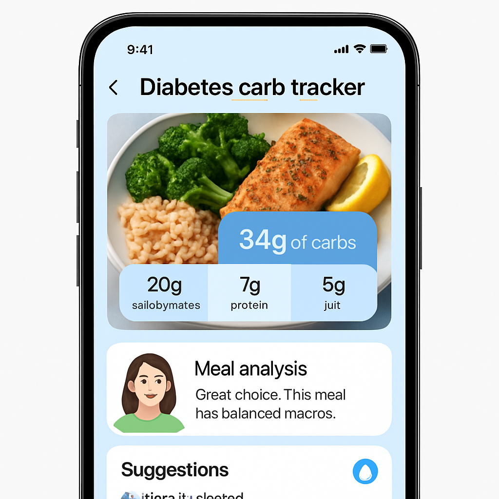 A smartphone screen showing a diabetes carb tracker app analyzing a photo of a meal, with carb breakdown overlay. Alt: Diabetes carb tracker app photo analysis interface