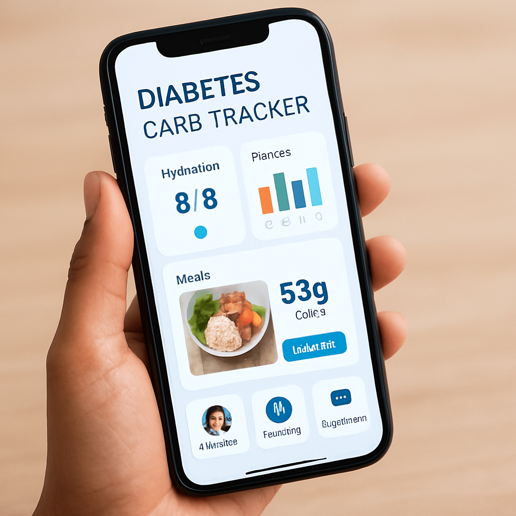A person reviewing a hydration and fitness integration table on a phone, showing a diabetes carb tracker app dashboard. Alt: diabetes carb tracker app hydration and fitness comparison table