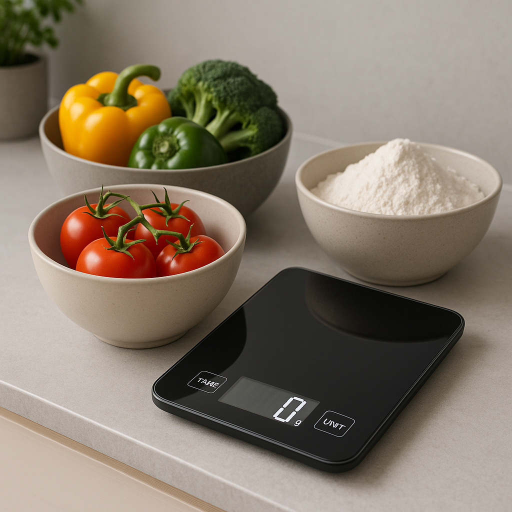 A modern kitchen scene showing a digital kitchen scale with tare function displayed next to bowls of fresh vegetables and flour. Alt: Digital kitchen scale with tare function free delivery UK for precise cooking and portion control.